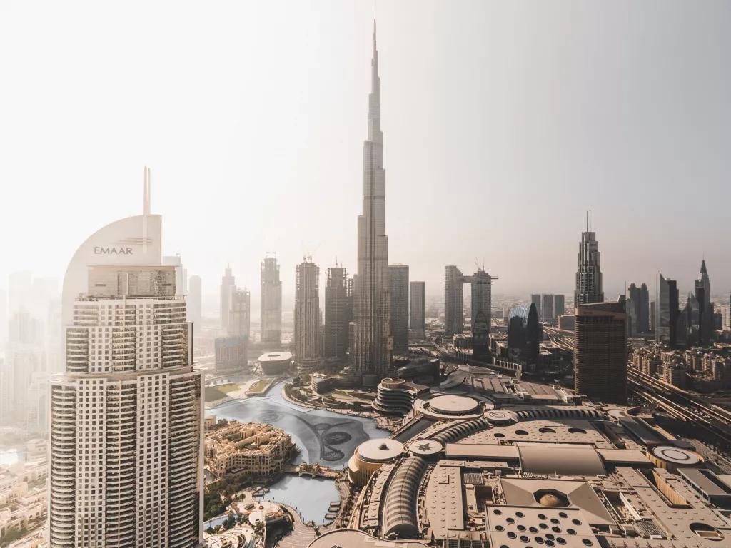 An aerial view of the Burj Khalifa and other building in Downtown Dubai