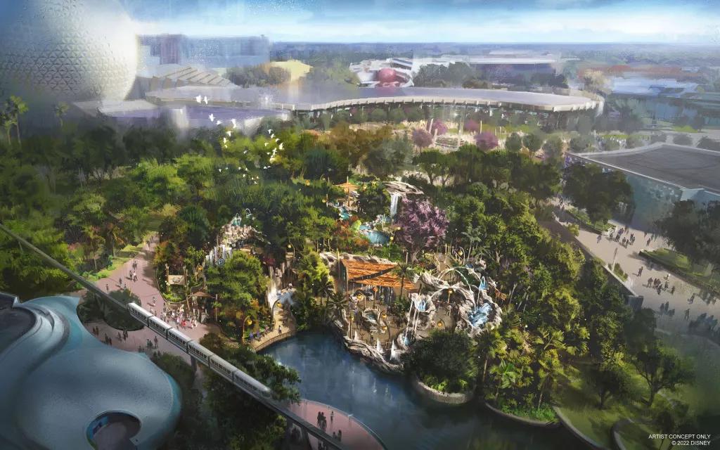 Concept art of the Journey of Water, surrounded by trees and greenery with Spaceship Earth in the background