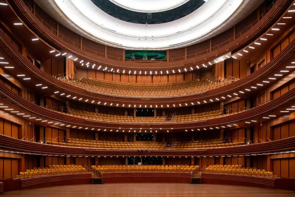 View of auditorium seats from the stage at a concert hall