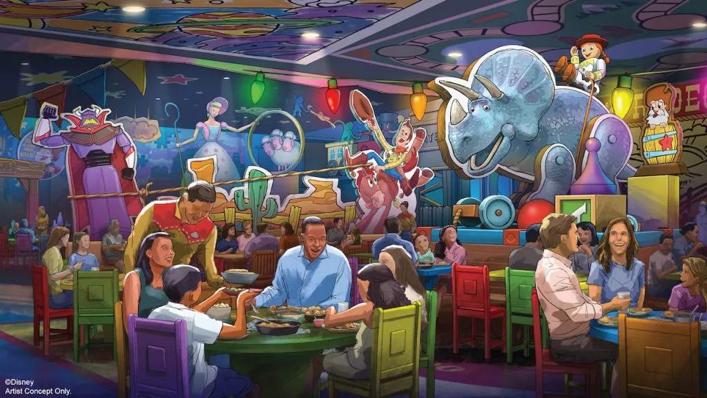 Concept art of families eating at the Toy Story Roundup Restaurant, surrounded by brightly coloured toy decorations