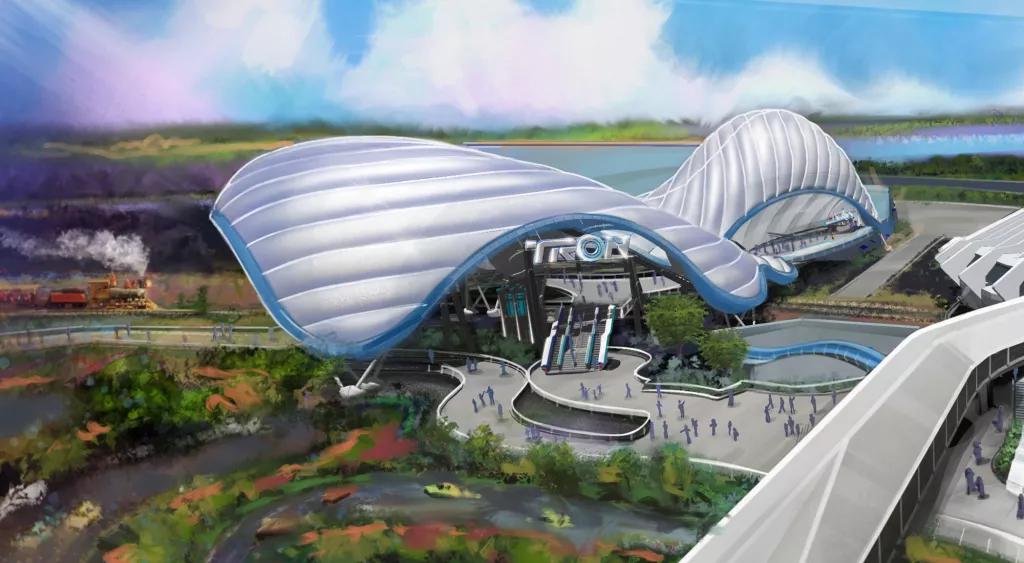Concept art of TRON Lightcycle/Run at Walt Disney World showing a large modern looking covered building in Tomorrowland
