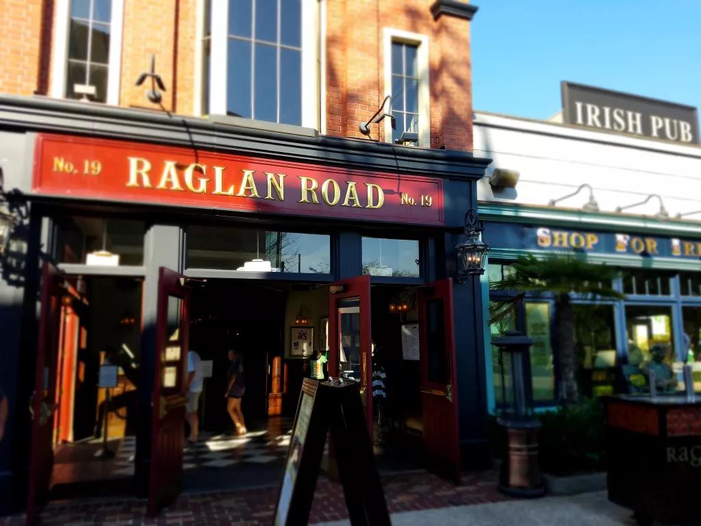 The exterior of Raglan Road, designed to look like a traditional Irish pub