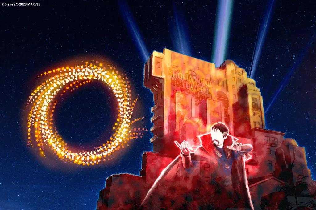 Concept art of Doctor Strange projected onto Tower of Terror with drones creating a portal in the sky