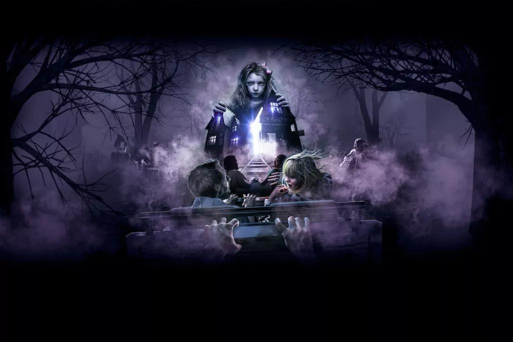 Concept art of a ride vehicle travelling through a dark, foggy woods towards a life-size dollhouse being held open by a young girl