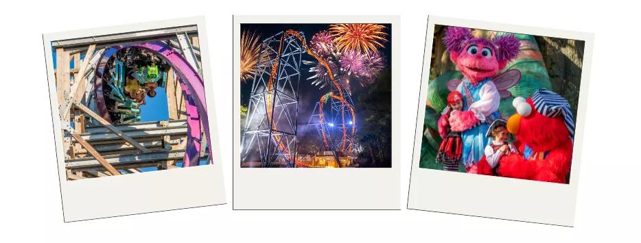 Three polaroid pictures showing two rollercoasters and young children meeting Sesame Street characters