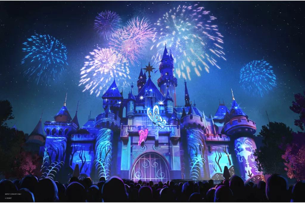 Concept art of projections on Sleeping Beauty Castle with fireworks overhead