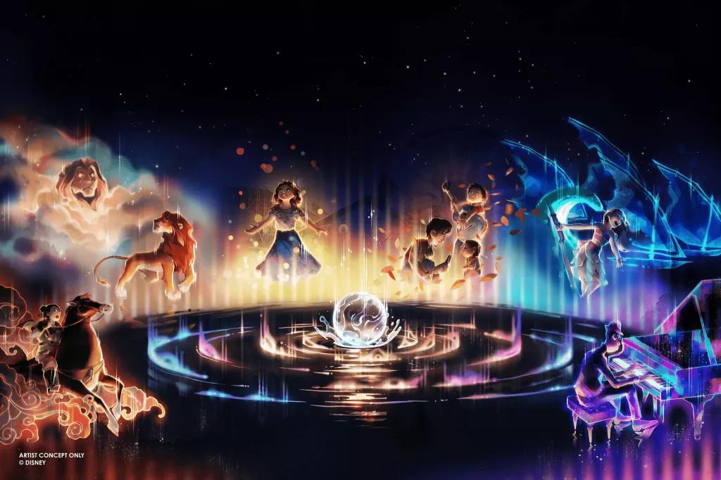 Concept art of projections of Disney characters, including Simba, Mulan and Moana, on water fountains