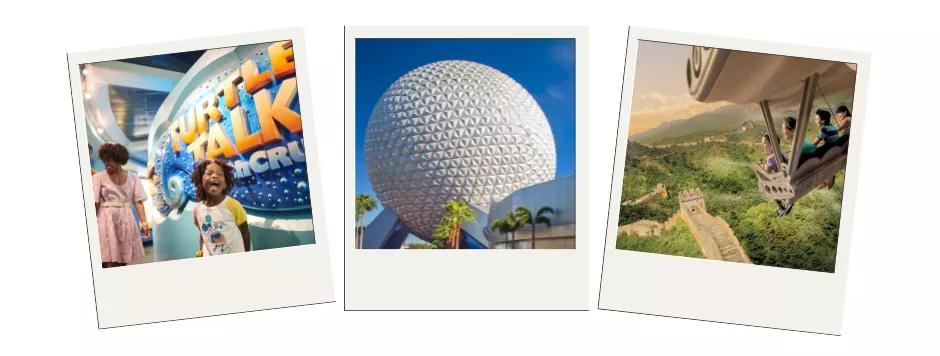 Three polaroid pictures showing a child in front of a sign reading 'Turtle Talk with Crush', Spaceship Earth and Soarin'