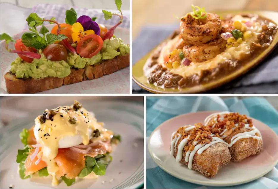 Four images of tasting dishes including avocado and tomato toast, shrimp and grits and cinnamon rolls