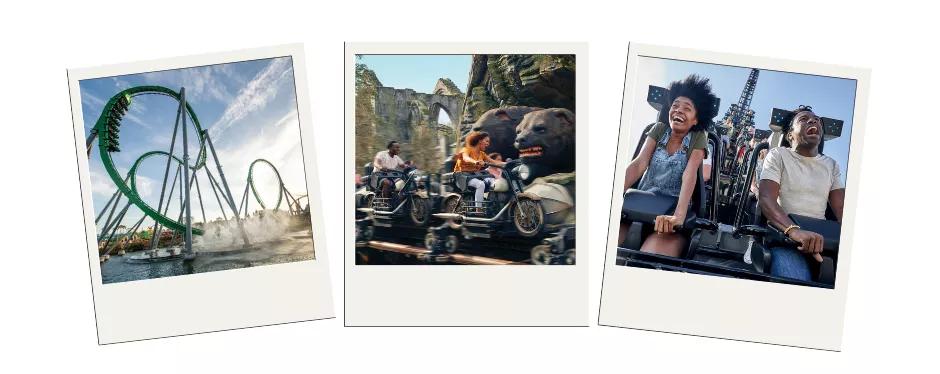 Three polaroid images showing three rollercoasters