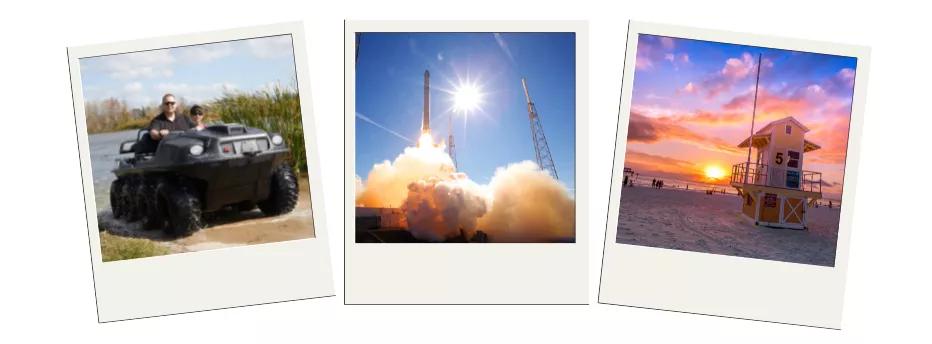 Three polaroid images showing a rocket launch, Clearwater Beach and two people in a MuckyDucks vehicle