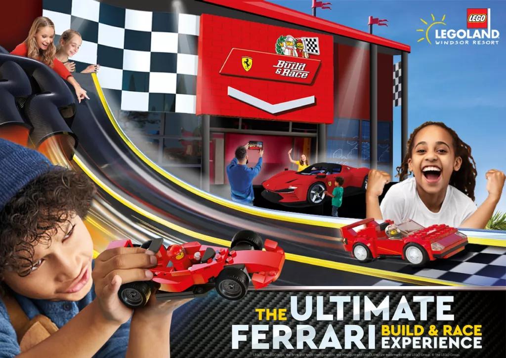 A composite image of children playing with LEGO race cars in front of concept art of a red building