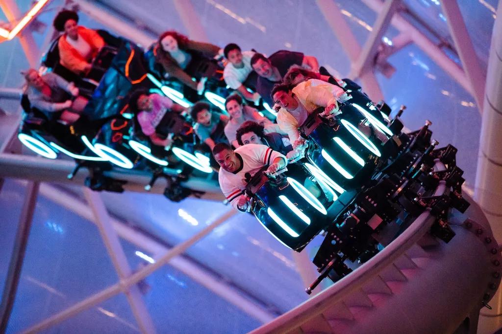 A TRON ride vehicle going round the rollercoaster track