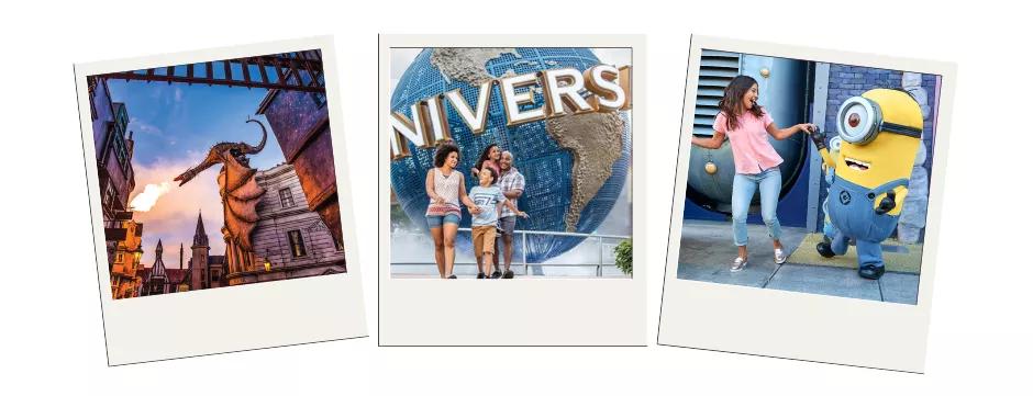 Three polaroid images showing a fire-breathing dragon, a family in front of the Universal globe and a girl dancing with a Minion