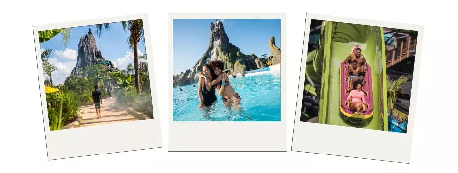 Three polaroid images showing people at a water park and a giant volcano