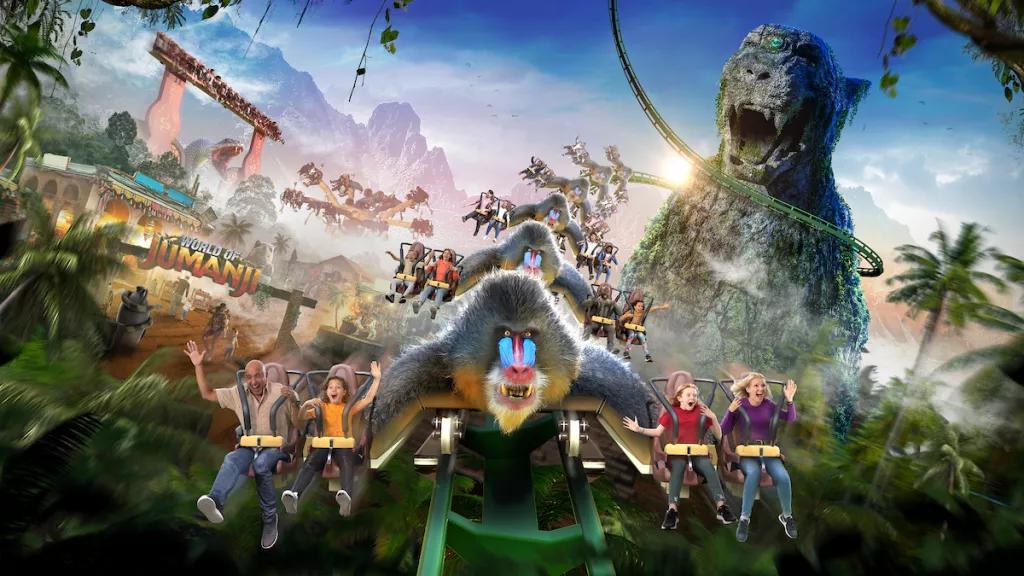 Concept art for the World of Jumanji including a rollercoaster with large mandrill ride vehicles and jungle landscaping