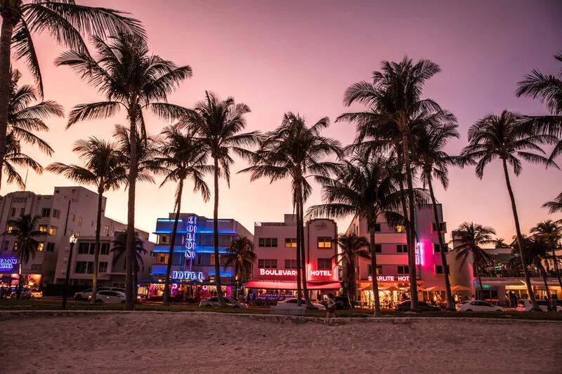 A row of art deco style buildings lit up with neon lights behind a sandy beach lines with tall palm trees