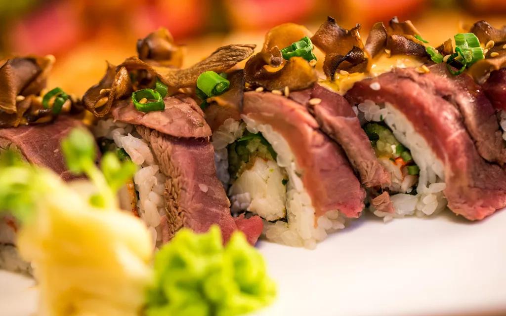 A plate of 'Burgushi' - sushi made using burger ingredients