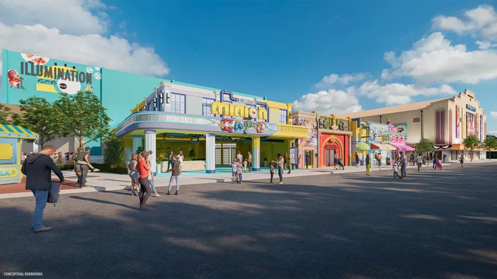 Concept art of a street with the Minion Cafe in the foreground and an Illumination sound stage in the background