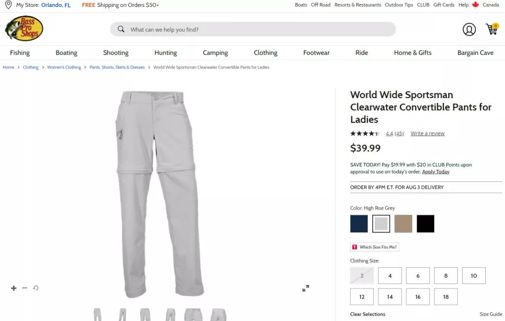 A screenshot of a website selling trousers that can be converted to shorts