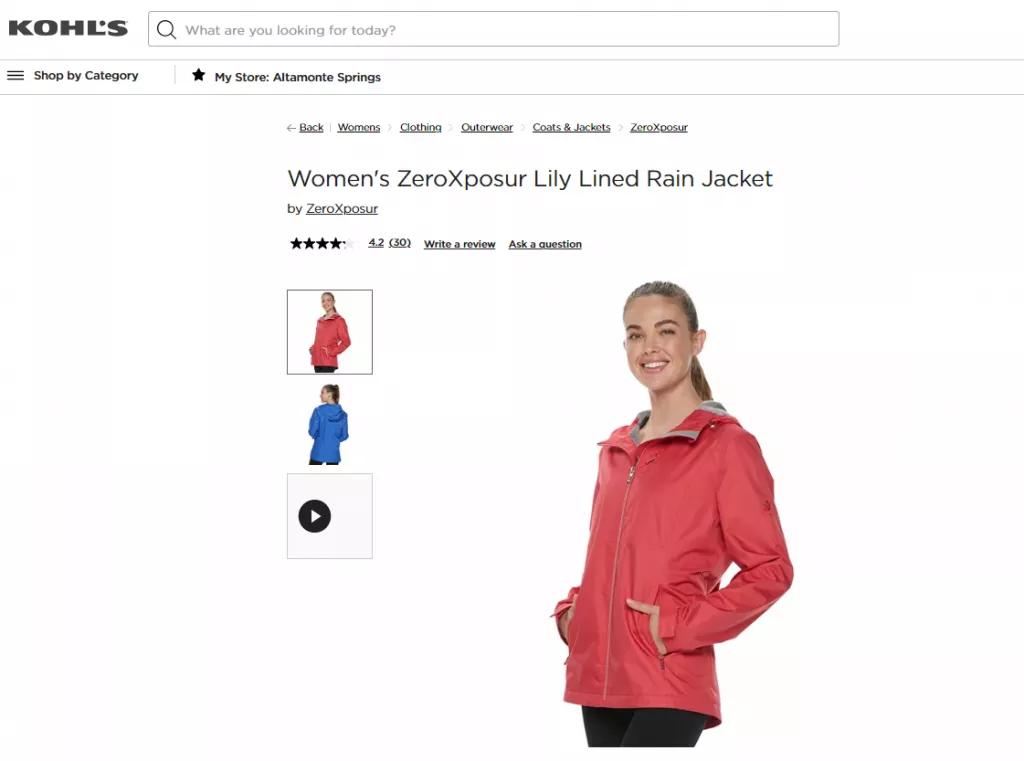A screenshot of a website selling a women's rain jacket