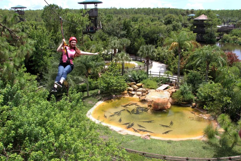 A woman on in a helmet hanging from a zipline above a pool of alligators