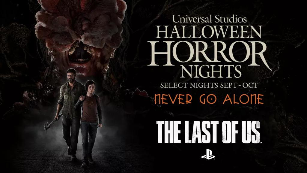 A Universal Studios Halloween Horror Nights promotional image of Ellie and Joel from The Last of Us walking away from a large Infected creature. 