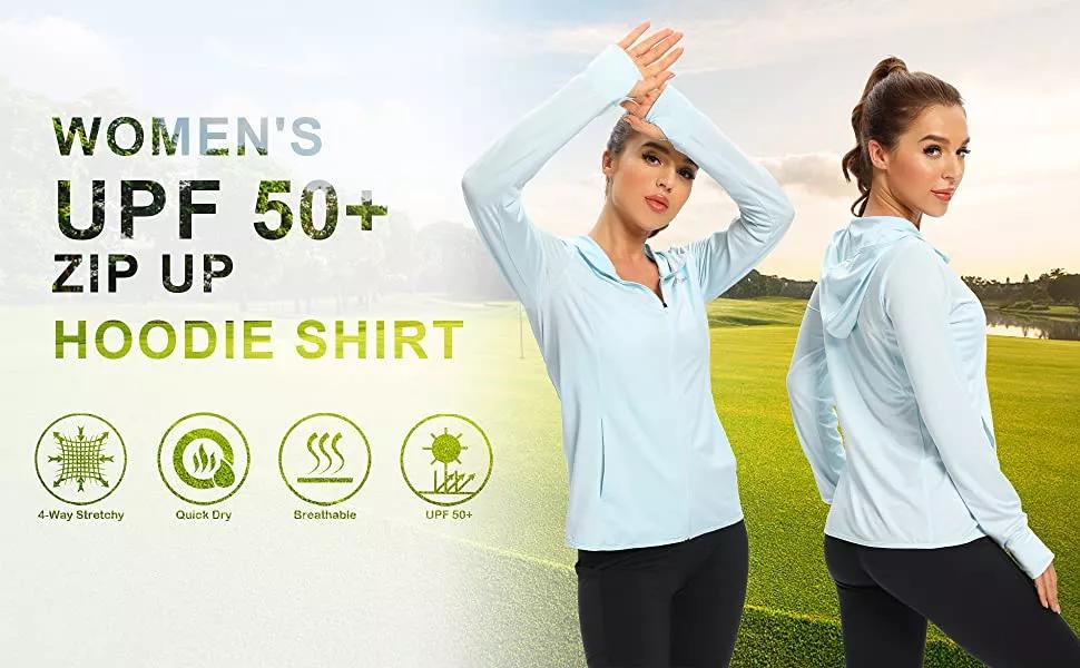 An advert with a woman modelling a UPF 50+ hooded shirt 
