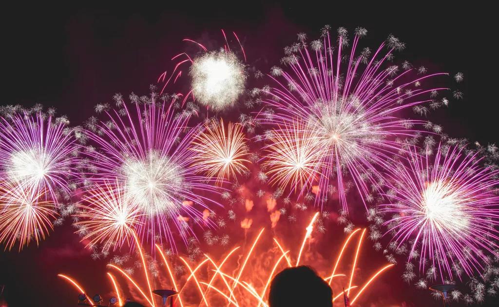 People facing away from the camera watching large fireworks go off in the sky