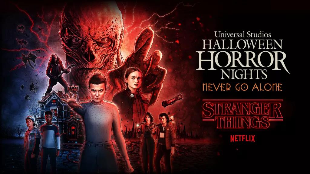 A pencil drawing of Stranger Things characters next to the Stranger Things and Halloween Horror Nights logos