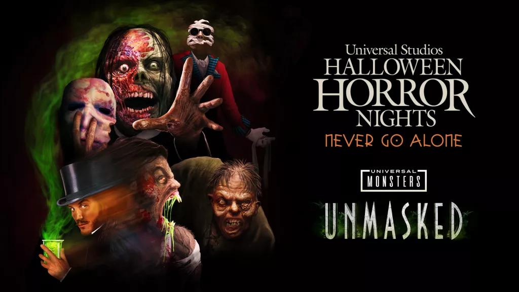 A collage of different monsters next to the Halloween Horror Nights and Universal Monsters logos