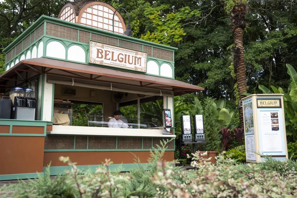 A food kiosk in front of trees labelled Belgium