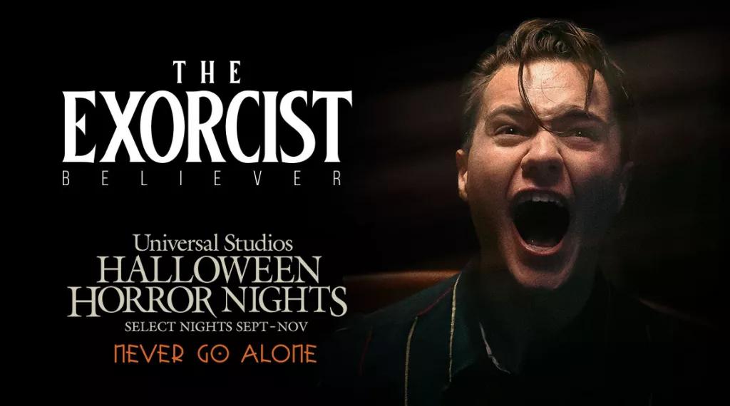 A man screaming next to the Exorcist and Halloween Horror Nights logos