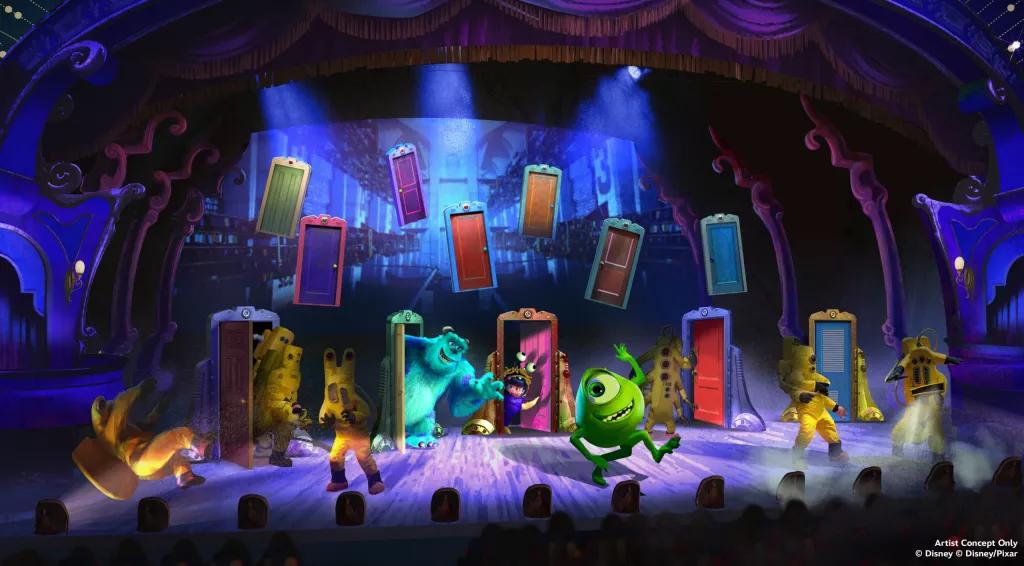 Artist concept of Mike, Sulley and Boo from Monsters Inc on a stage with lots of doors
