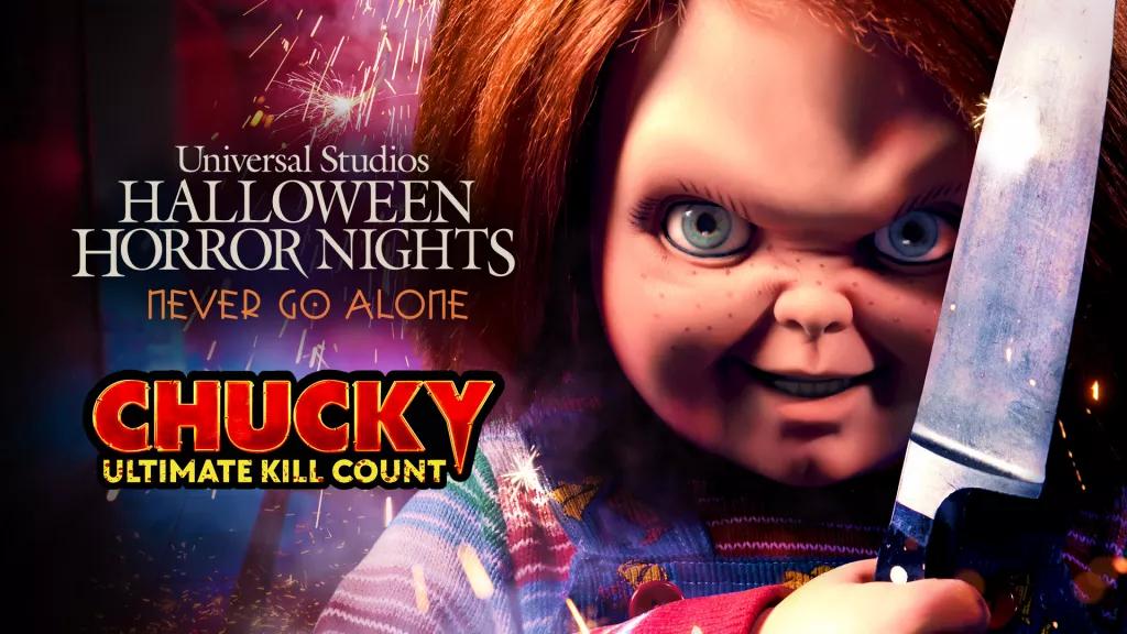 A Chucky doll holding up a knife next to the Halloween Horror Nights logo and the Chucky Ultimate Kill Count