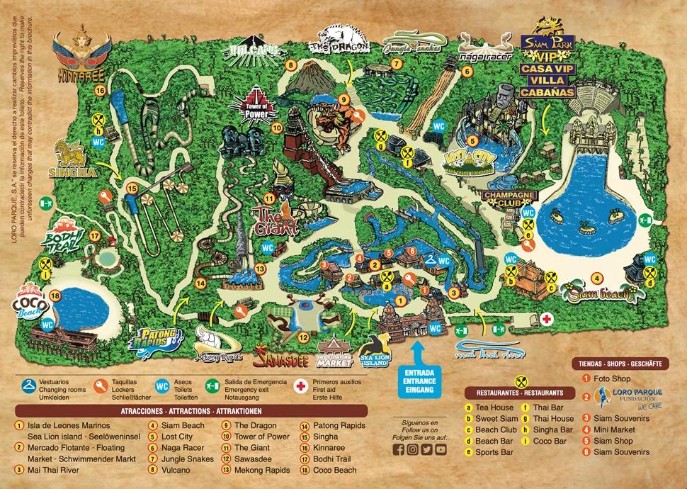 A map of Siam Park featuring all the rides, dining locations and facilities