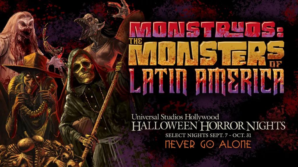 A cartoon drawing of skeletal monsters next to the Halloween Horror Nights logo