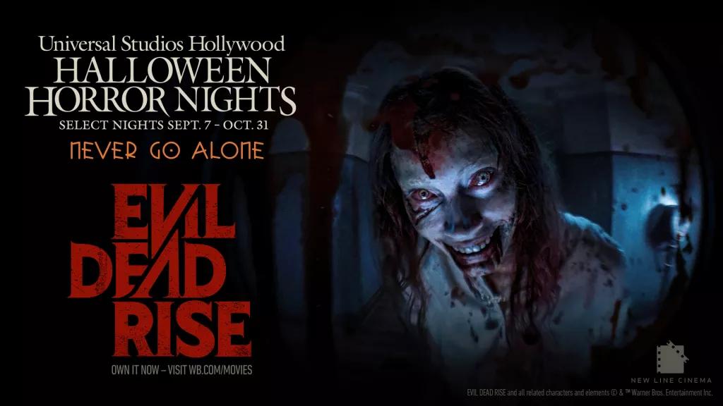 A creepy, blood-covered woman staring at the camera next to the Evil Dead Rise and Halloween Horror Nights logos