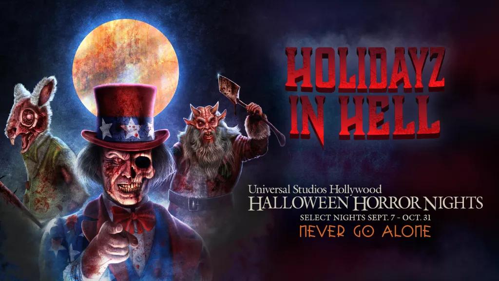 A creepy cartoon of Uncle Sam, Santa and the Easter Bunny next to the Halloween Horror Nights logo