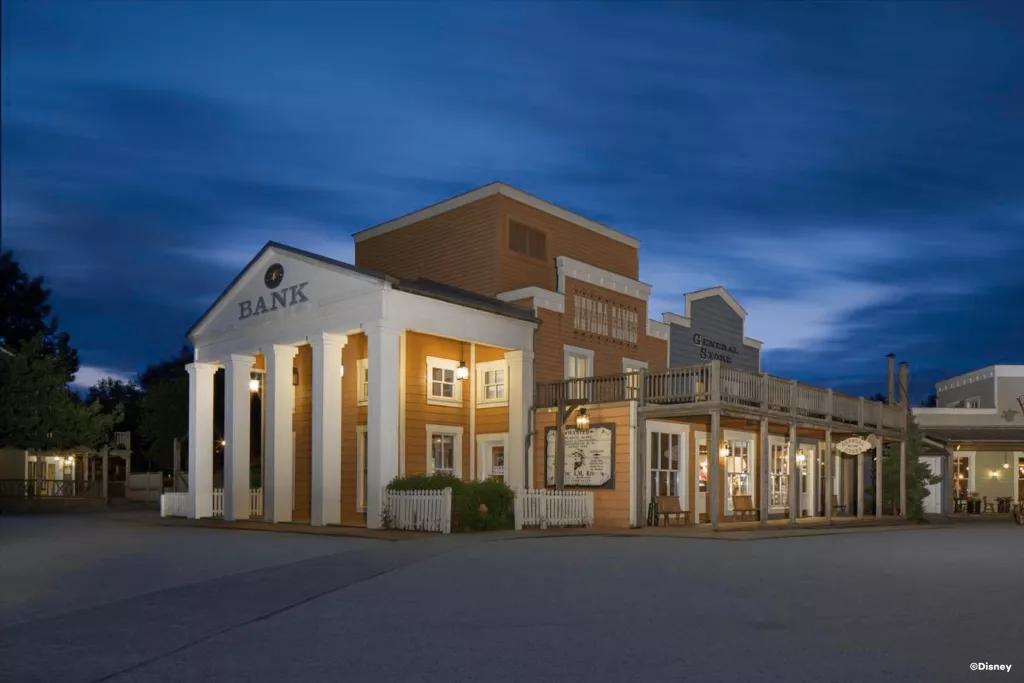 A building designed to look like an old fashioned wild west town with a bank and general store