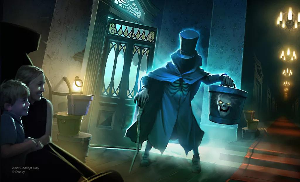 Concept art of a faceless ghost holding a hatbox with his head floating inside appearing in front guests riding the Haunted Mansion
