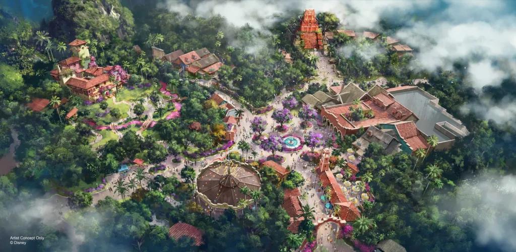 Concept art of an area with lots of trees and central American style building including a multi-coloured house