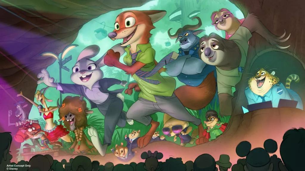 Concept art of characters from Zootopia coming out of a screen above an audience