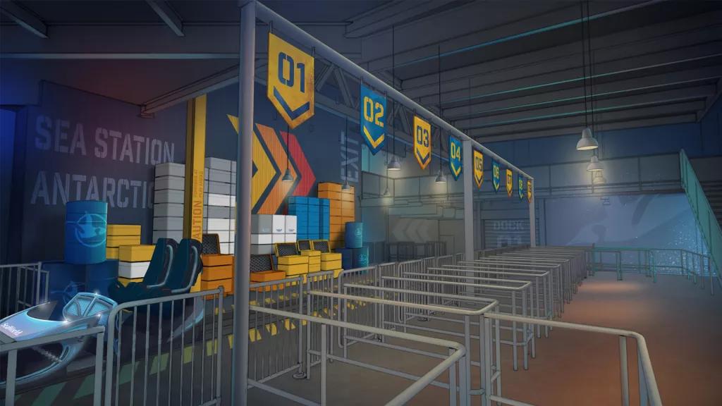 Artists impression of a ride loading area designed to look like an Antarctic exploration station