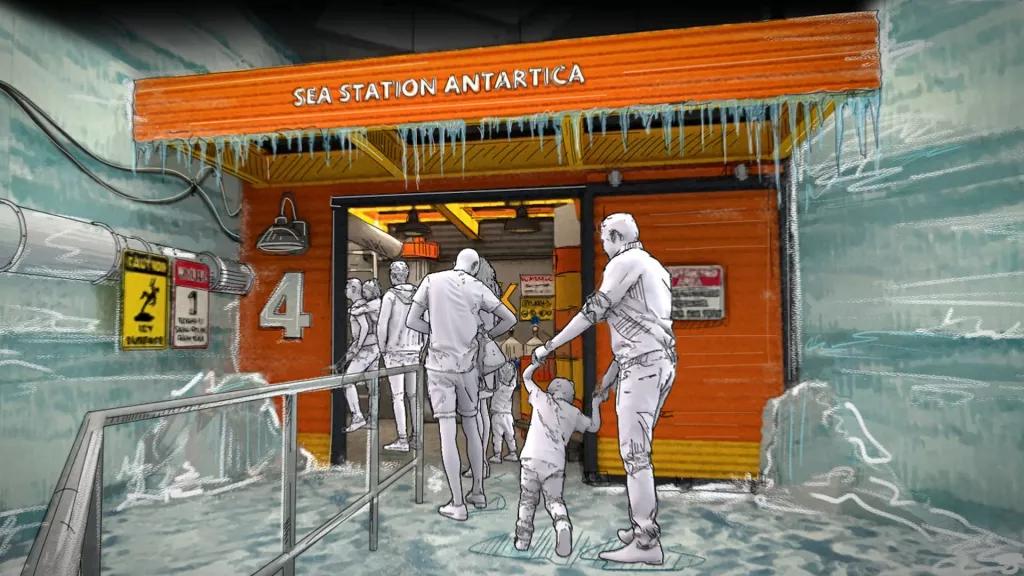 Artists impression of people queuing for Penguin Trek going into an orange sea station covered in ice
