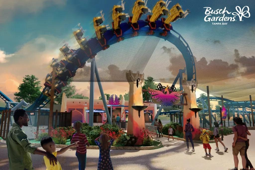 Artists impression of a flying coaster going over people standing on a path