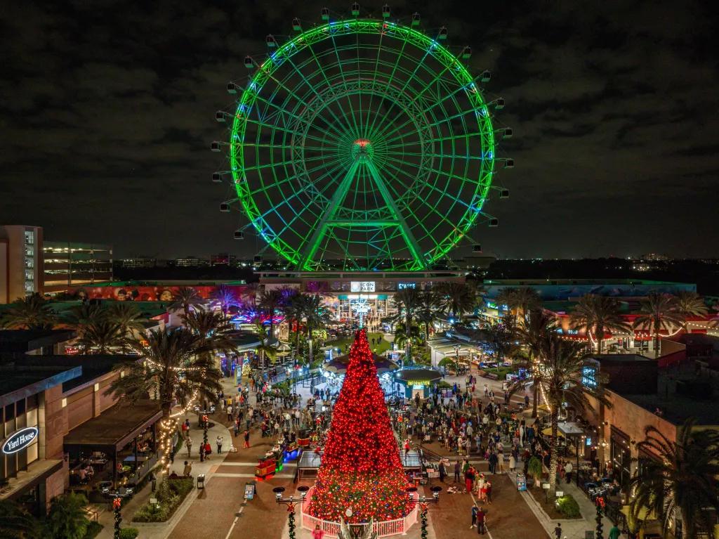 The wheel at Icon Park with a Christmas tree