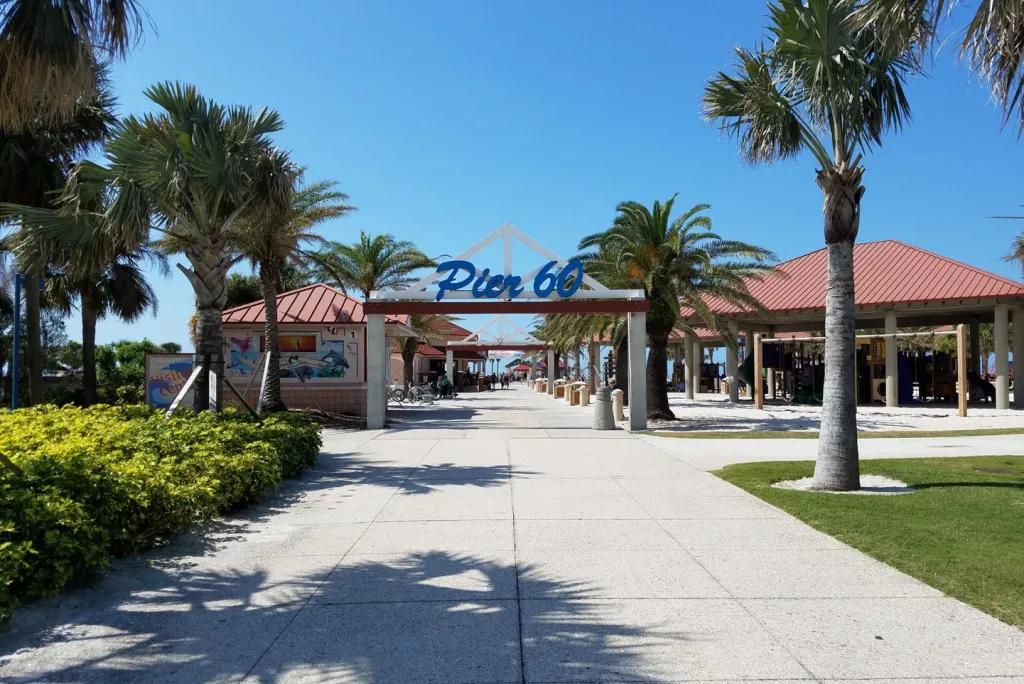 A palm tree lined path leading up to an archway topped with a sing reading 'Pier 60'