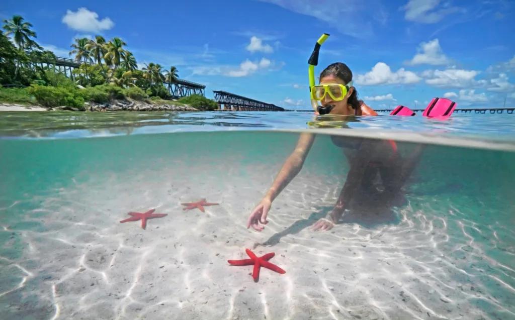 A girl wearing a yellow snorkel and pink flippers reaching into shallow water towards a pink starfish