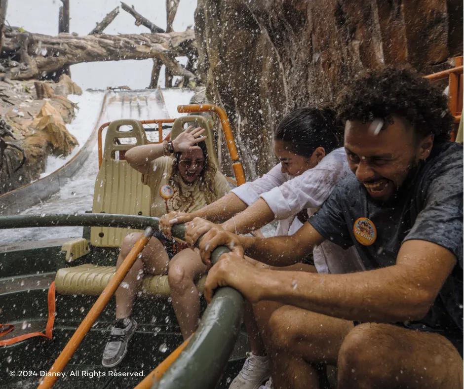 Water ride where riders sit in circular boat facing one another and there is black circular handle in the middle which people are grabbing onto as they get splashed by water after small drop